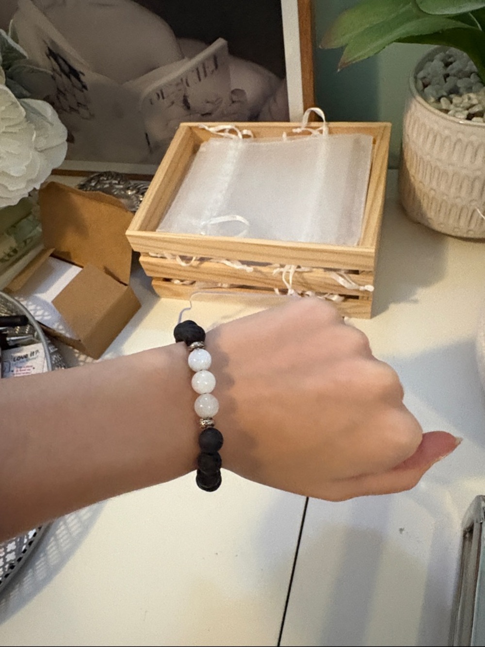 Lava Rock and Moonstone -Black and White Beaded Stretch Bracelet - Women Jewelry